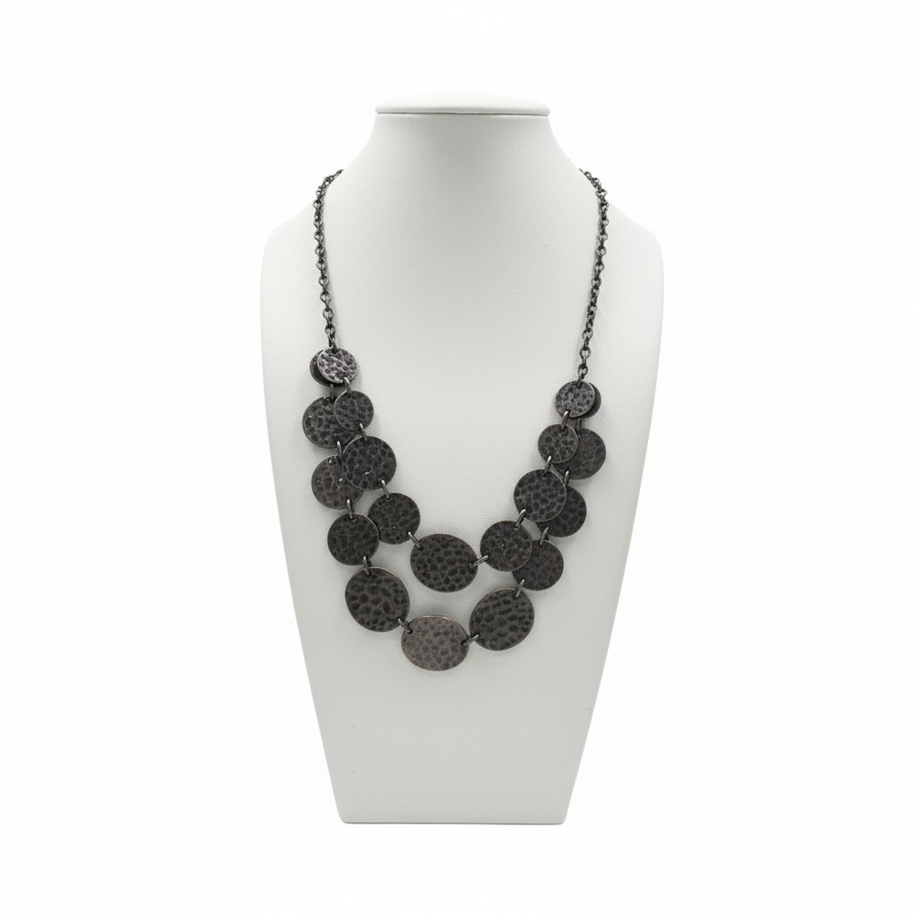 Hammered Metal Disc Necklace | Layered Gunmetal Statement | 17–20.5” Adjustable